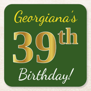 Groen, Faux Gold 39th Birthday + Eigen naam Kartonnen Onderzetters
