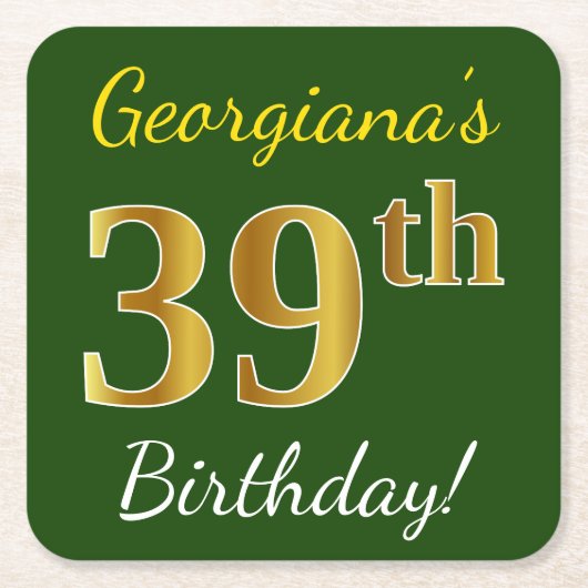 Groen, Faux Gold 39th Birthday + Eigen naam Kartonnen Onderzetters (Voorkant)