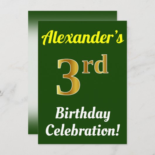 Groen, Faux Gold 3e verjaardag viering + naam Kaart (Voorkant / Achterkant)