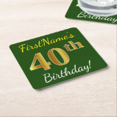 Groen, Faux Gold 40th Birthday + aangepaste naam Kartonnen Onderzetters (Schuin)
