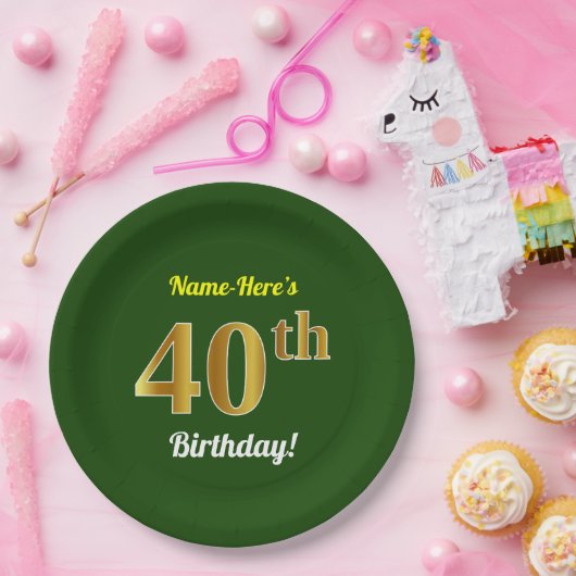 Groen, Faux Gold 40th Birthday + aangepaste naam Papieren Bordje (Feest)
