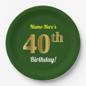 Groen, Faux Gold 40th Birthday + aangepaste naam Papieren Bordje (Voorkant)