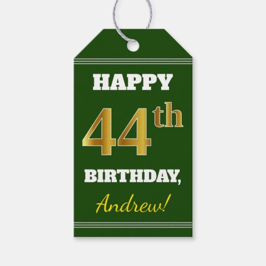 Groen, Faux Gold 44th Birthday + Eigen naam Cadeaulabel (Voorkant)