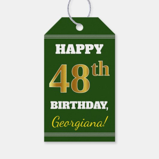 Groen, Faux Gold 48th Birthday + Eigen naam Cadeaulabel (Voorkant)