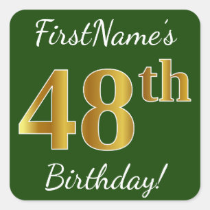 Groen, Faux Gold 48th Birthday + Eigen naam Vierkante Sticker
