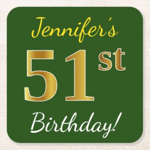 Groen, Faux Gold 51st Birthday + aangepaste naam Kartonnen Onderzetters
