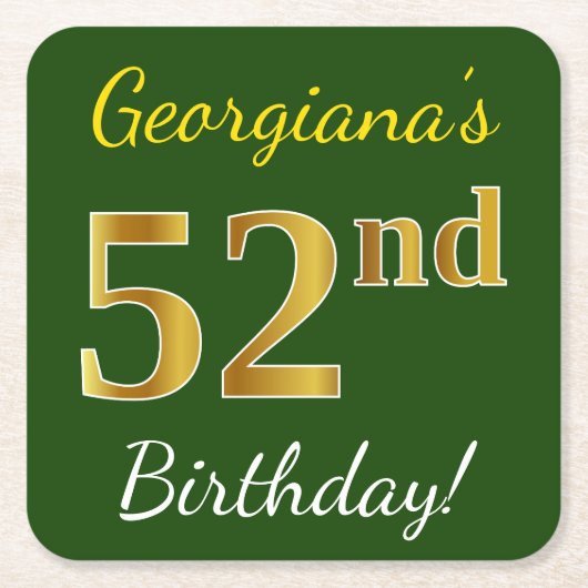 Groen, Faux Gold 52e verjaardag + Aangepaste naam Kartonnen Onderzetters (Voorkant)