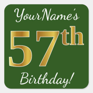 Groen, Faux Gold 57th Birthday + Eigen naam Vierkante Sticker
