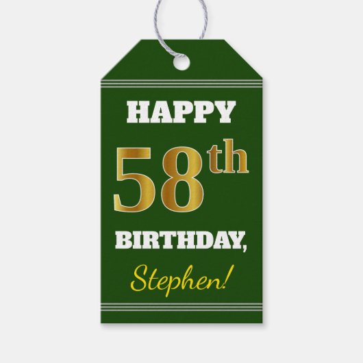 Groen, Faux Gold 58th Birthday + Eigen naam Cadeaulabel (Voorkant)