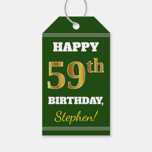 Groen, Faux Gold 59th Birthday + Eigen naam Cadeaulabel (Voorkant)