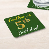 Groen, Faux Gold 5th Birthday + Eigen naam Kartonnen Onderzetters (Schuin)