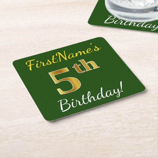 Groen, Faux Gold 5th Birthday + Eigen naam Kartonnen Onderzetters (Schuin)