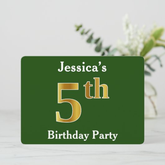 Groen, Faux Gold 5th Birthday Party + aangepaste n Kaart (Staand voorkant)