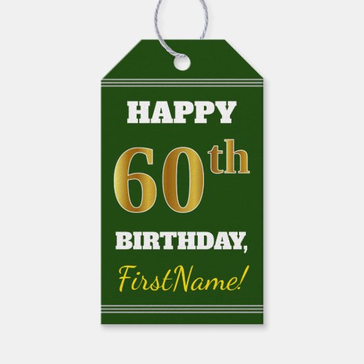 Groen, Faux Gold 60th Birthday + Aangepaste naam Cadeaulabel (Voorkant)
