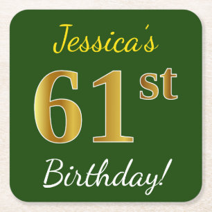 Groen, Faux Gold 61st Birthday + aangepaste naam Kartonnen Onderzetters