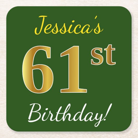 Groen, Faux Gold 61st Birthday + aangepaste naam Kartonnen Onderzetters (Voorkant)
