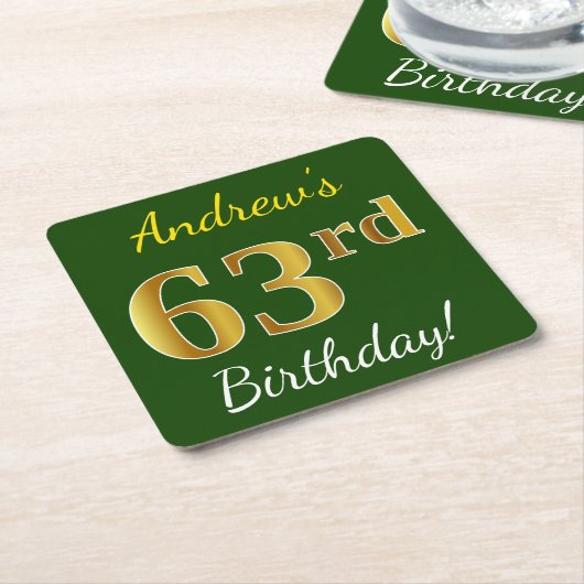 Groen, Faux Gold 63rd Birthday + Aangepaste naam Kartonnen Onderzetters (Schuin)