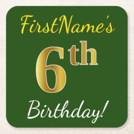 Groen, Faux Gold 6th Birthday + Aangepaste naam Kartonnen Onderzetters