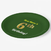 Groen, Faux Gold 6th Birthday + Aangepaste naam Papieren Bordje (Gekanteld)