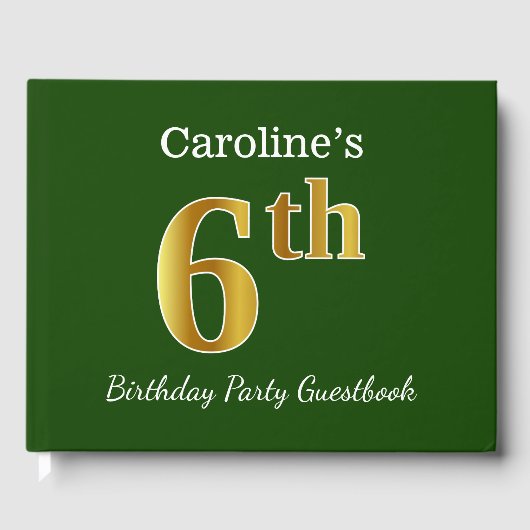 Groen, Faux Gold 6th Birthday Party + aangepaste n Gastenboek (Voorkant)