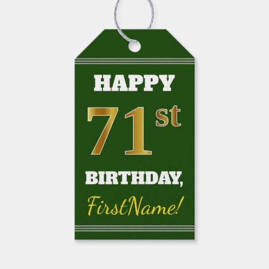 Groen, Faux Gold 71st Birthday + aangepaste naam Cadeaulabel (Voorkant)