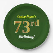 Groen, Faux Gold 73rd Birthday + Aangepaste naam Papieren Bordje (Voorkant)