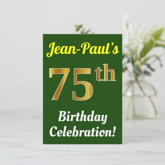 Groen, Faux Gold 75e verjaardag viering + naam Kaart (Staand voorkant)