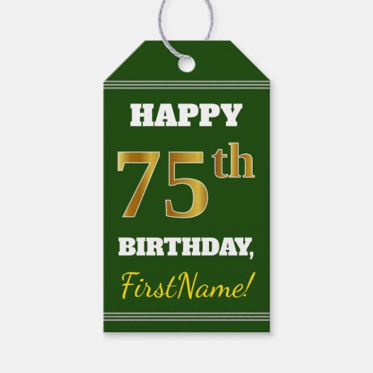 Groen, Faux Gold 75th Birthday + Eigen naam Cadeaulabel (Voorkant)