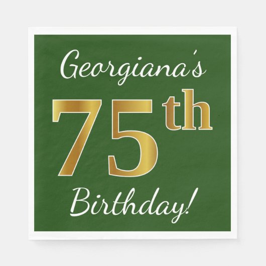 Groen, Faux Gold 75th Birthday + Eigen naam Servetten (Voorkant)
