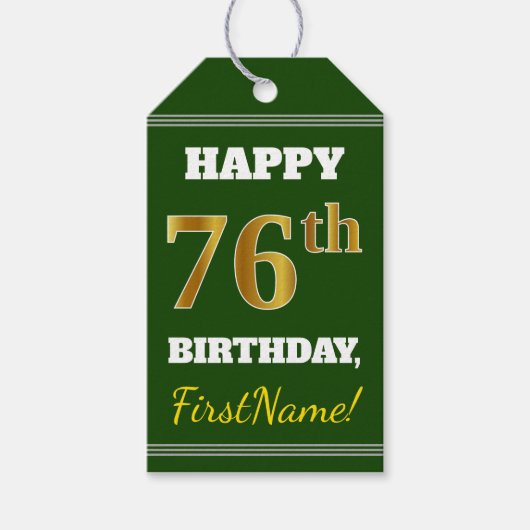 Groen, Faux Gold 76th Birthday + Aangepaste naam Cadeaulabel (Voorkant)