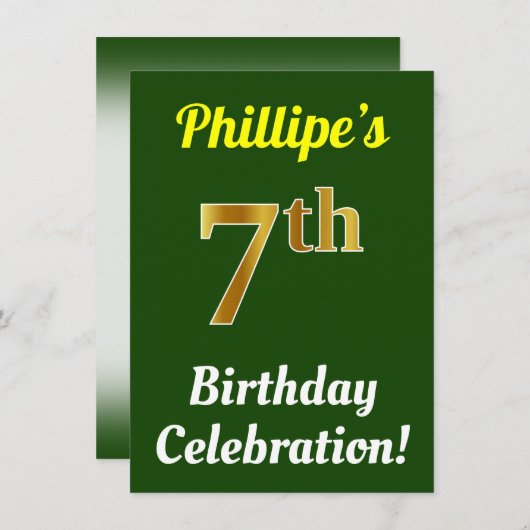 Groen, Faux Gold 7e verjaardag viering + naam Kaart (Voorkant / Achterkant)