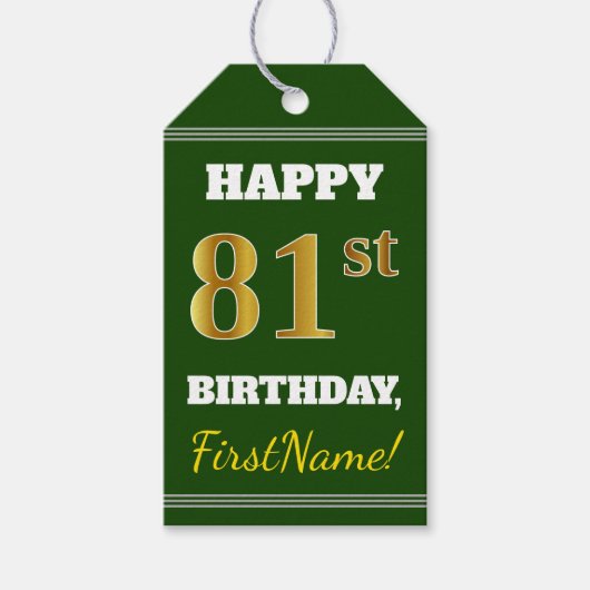 Groen, Faux Gold 81st Birthday + aangepaste naam Cadeaulabel (Voorkant)