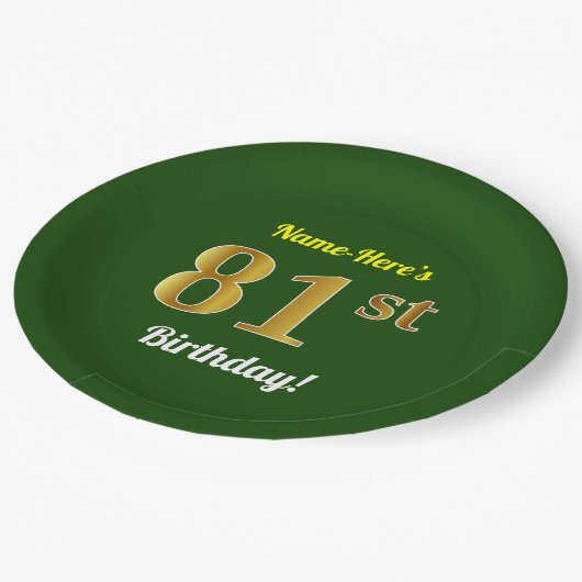 Groen, Faux Gold 81st Birthday + aangepaste naam Papieren Bordje (Gekanteld)