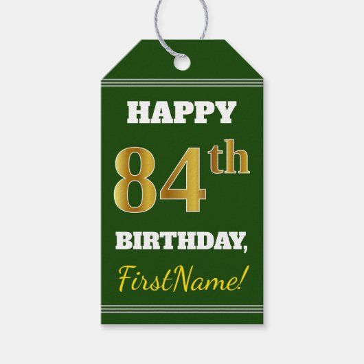Groen, Faux Gold 84th Birthday + Eigen naam Cadeaulabel (Voorkant)