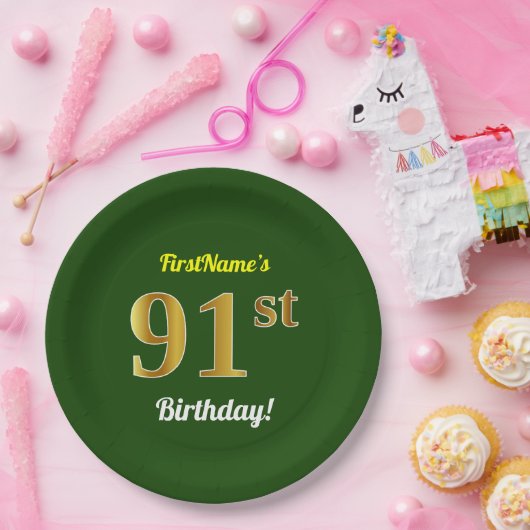 Groen, Faux Gold 91st Birthday + aangepaste naam Papieren Bordje (Feest)
