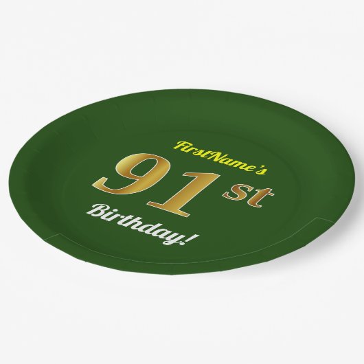 Groen, Faux Gold 91st Birthday + aangepaste naam Papieren Bordje (Gekanteld)