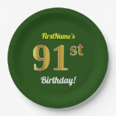 Groen, Faux Gold 91st Birthday + aangepaste naam Papieren Bordje (Voorkant)
