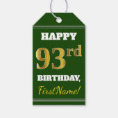 Groen, Faux Gold 93rd Birthday + aangepaste naam Cadeaulabel (Voorkant)