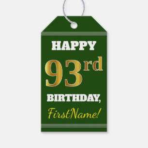 Groen, Faux Gold 93rd Birthday + aangepaste naam Cadeaulabel