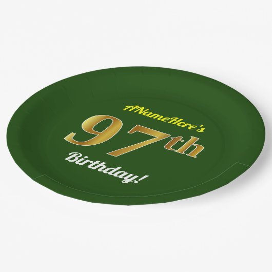 Groen, Faux Gold 97th Birthday + Eigen naam Papieren Bordje (Gekanteld)