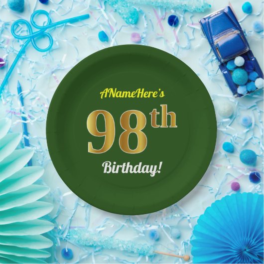 Groen, Faux Gold 98th Birthday + Eigen naam Papieren Bordje (Feest)