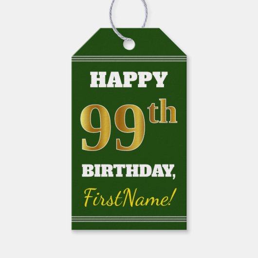 Groen, Faux Gold 99th Birthday + Eigen naam Cadeaulabel (Voorkant)