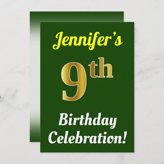 Groen, Faux Gold 9e verjaardag viering + naam Kaart (Voorkant / Achterkant)