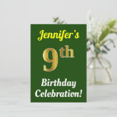 Groen, Faux Gold 9e verjaardag viering + naam Kaart (Staand voorkant)