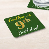 Groen, Faux Gold 9th Birthday + Eigen naam Kartonnen Onderzetters (Schuin)
