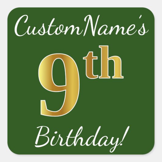 Groen, Faux Gold 9th Birthday + Eigen naam Vierkante Sticker (Voorkant)