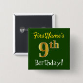 Groen, Faux Gold 9th Birthday, met aangepaste naam Vierkante Button 5,1 Cm (Voorkant /achterkant)