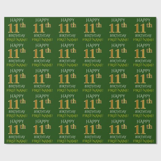 Groen Faux Gold "HAPPY 11th BIRTHDAY" Cadeaupapier (Vlak)