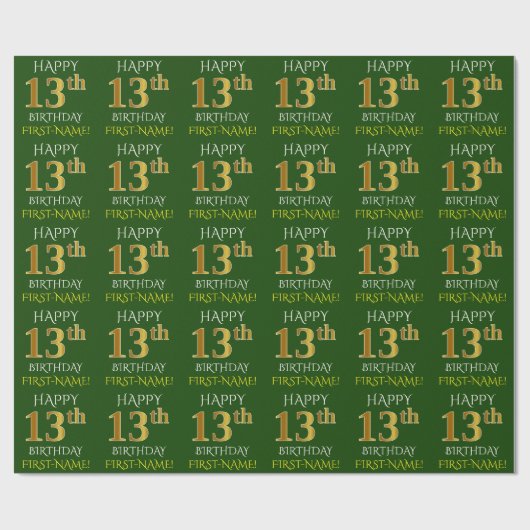 Groen, Faux Gold "HAPPY 13th BIRTHDAY" Cadeaupapier (Vlak)