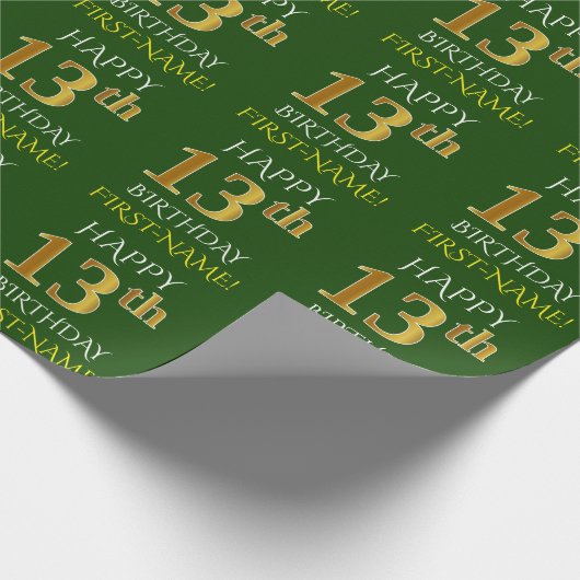 Groen, Faux Gold "HAPPY 13th BIRTHDAY" Cadeaupapier (Hoek)